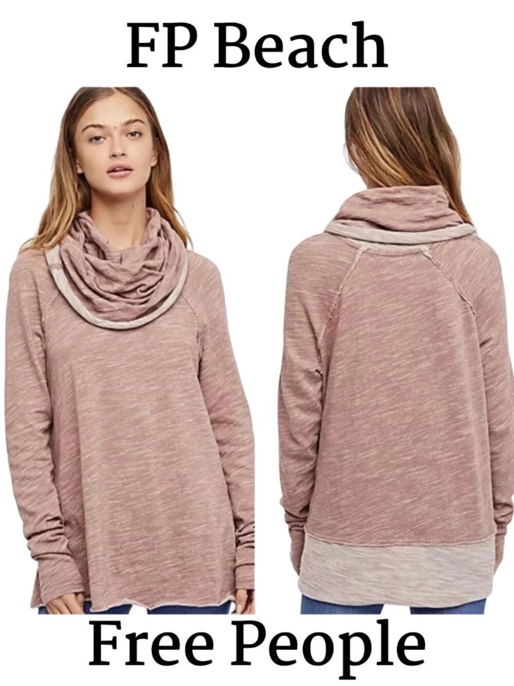Free People FP Beach Cocoon Cowl Neck Pullover XS/S Blush Pink Raw Hem Boho Cozy